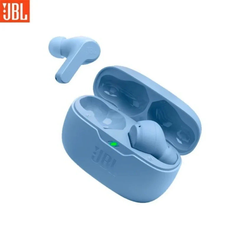Close-up of JBL Wave Beam TWS earbud showing sleek metal and plastic design