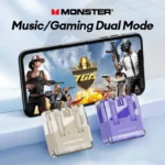 Monster XKT12 earphones in black, displayed with charging cable and ear tips