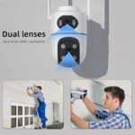 Side angle of BESDER dual screen 12MP security camera with pan tilt zoom