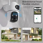 Wireless outdoor security camera mounted on wall with night vision active