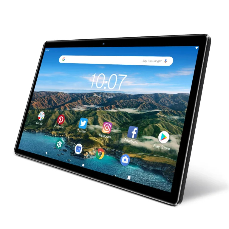 Side view of PRITOM 10.1 inch tablet showing slim profile and ports