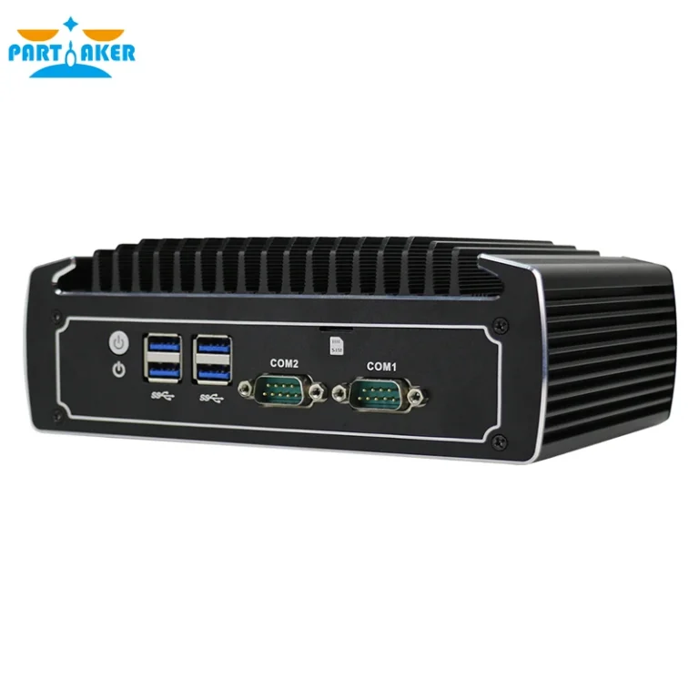 Side view of Partaker fanless mini computer showing aluminum case