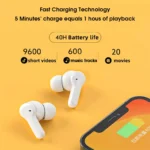QCY T13 wireless earbuds displayed with charging cable