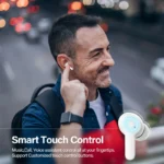 QCY T13 earbuds and charging case with QCY app interface