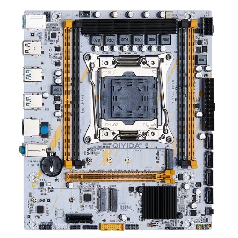 Close-up of QIYIDA X99 motherboard PCIe and M.2 slots