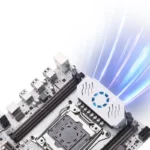 Close-up of QIYIDA X99 motherboard showing LGA 2011-3 socket and memory slots