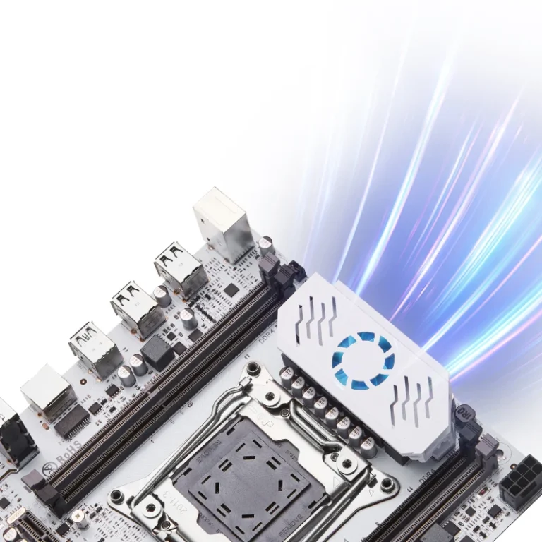 Close-up of QIYIDA X99 motherboard showing LGA 2011-3 socket and memory slots