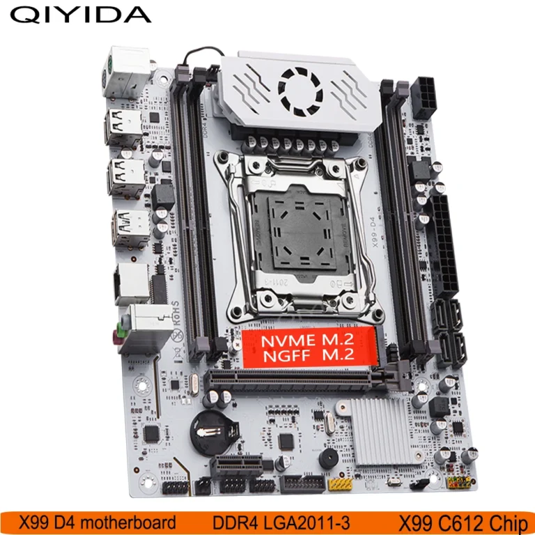 Close-up of QIYIDA X99 motherboard showing CPU socket and memory slots