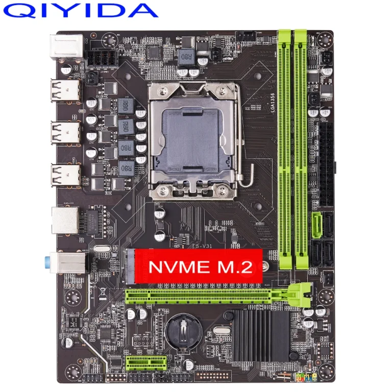 Close-up of Qiyida X79 motherboard CPU socket and RAM slots