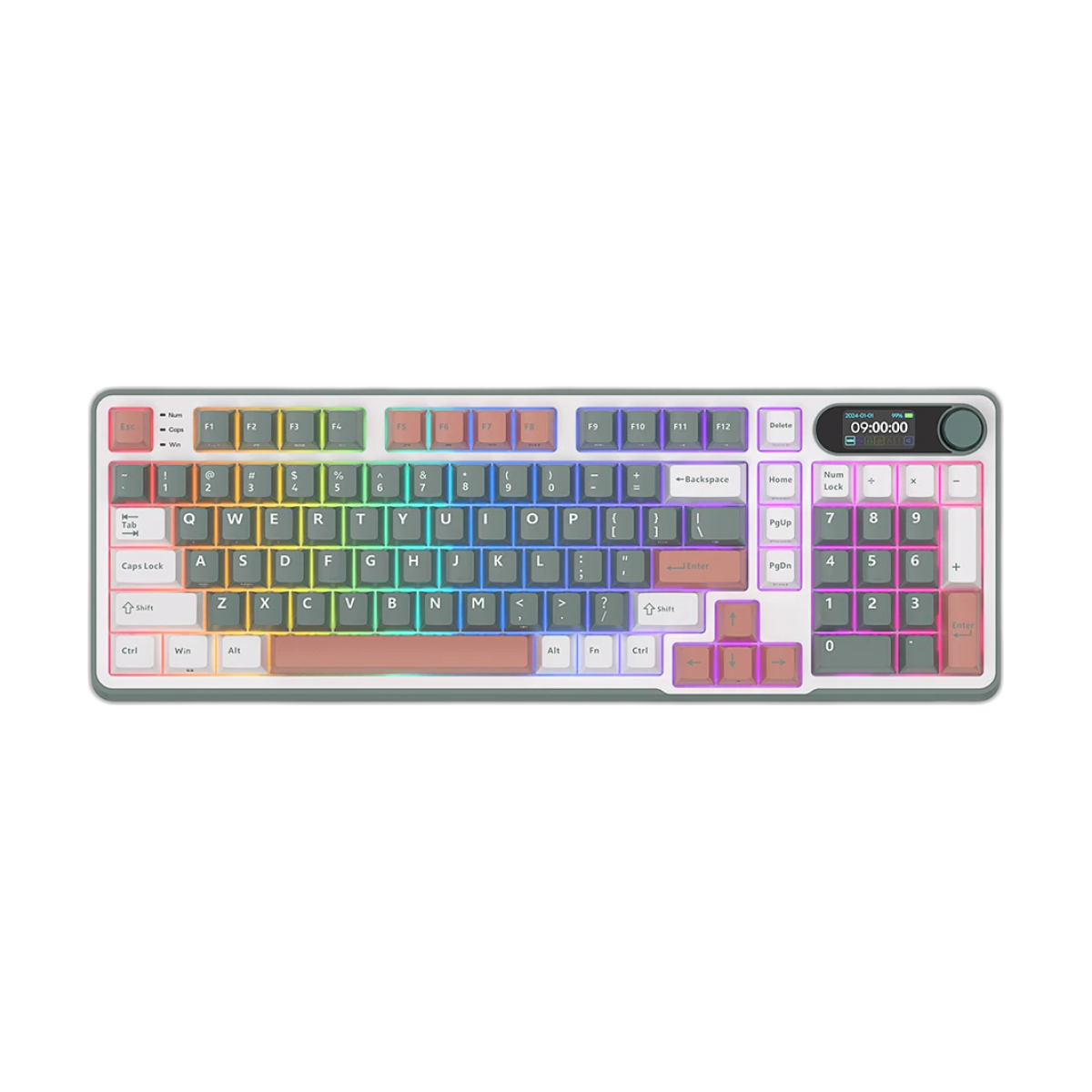 RK S98 ROYAL KLUDGE Top Mount Mechanical Keyboard TFT Screen Knob 96% RGB Backlit Tri-mode Wireless Gaming Keyboard PBT Keycaps-bg-clean RK S98 Royal Kludge mechanical keyboard showing TFT screen and metal knob
