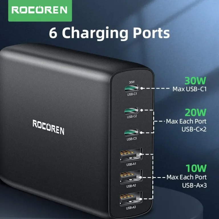 Rocoren 6-port USB charger showing USB-C and USB-A ports
