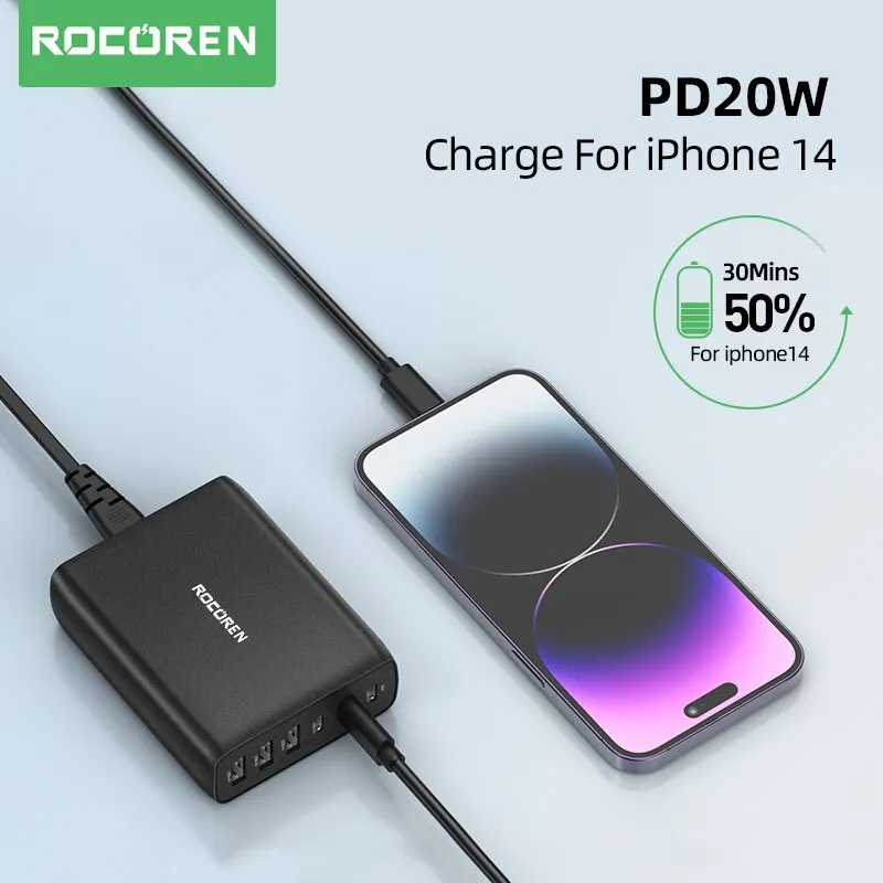 Top view of Rocoren 100W USB charger with power cable attached