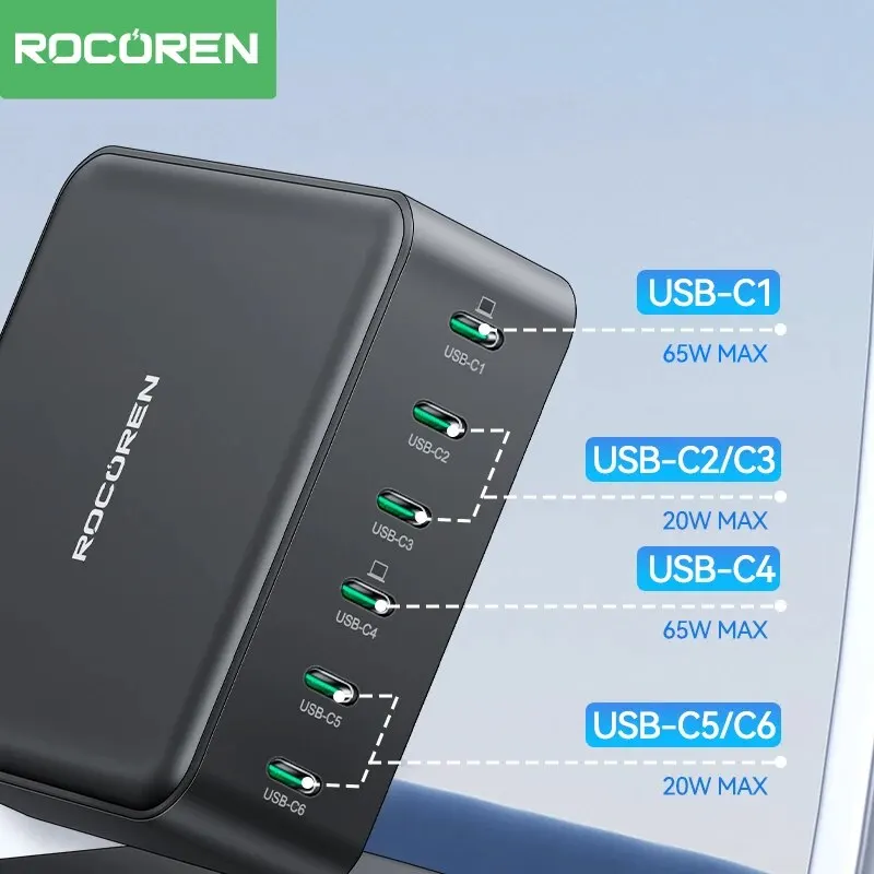 Rocoren 150W USB-C charger showing multiple charging ports