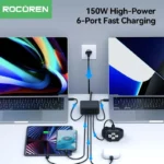 Side view of Rocoren 6-port desktop charger with power cord