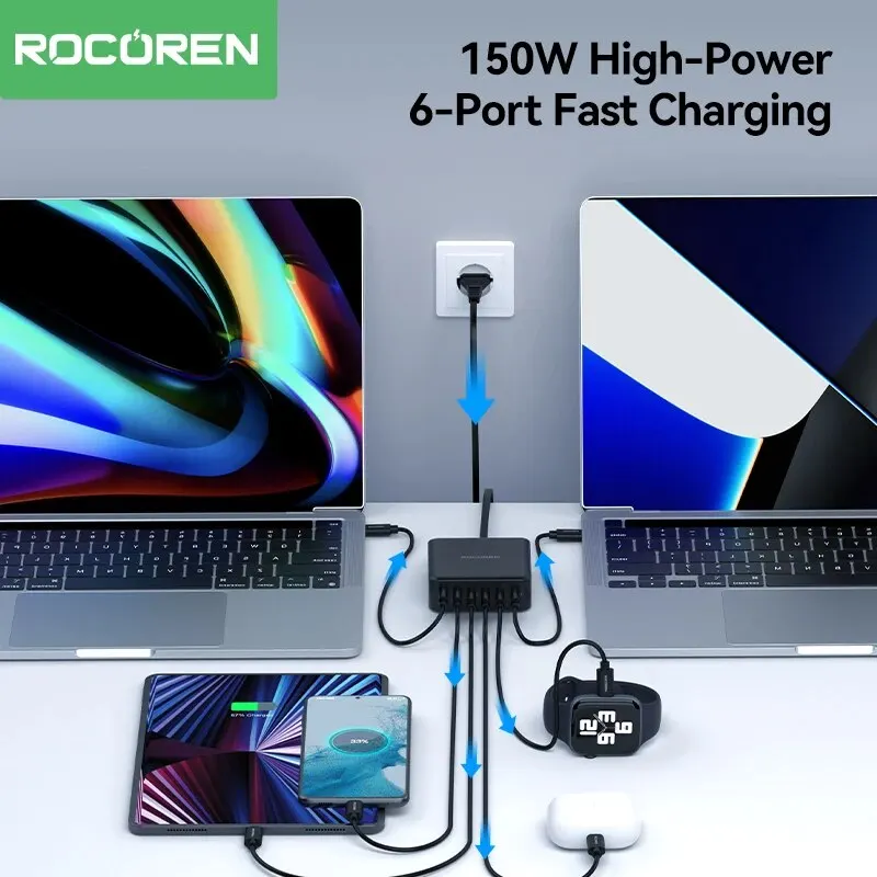 Side view of Rocoren 6-port desktop charger with power cord