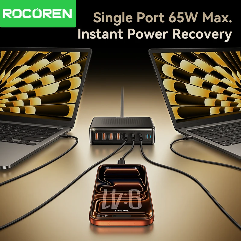 Side view of Rocoren 65W GaN charger with power source