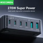 Side angle showing USB ports on Rocoren 200W GaN desktop charger