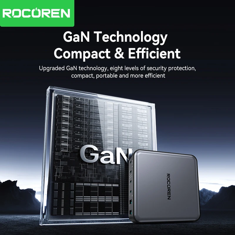 Compact desktop design of Rocoren 200W GaN 6-in-1 charger