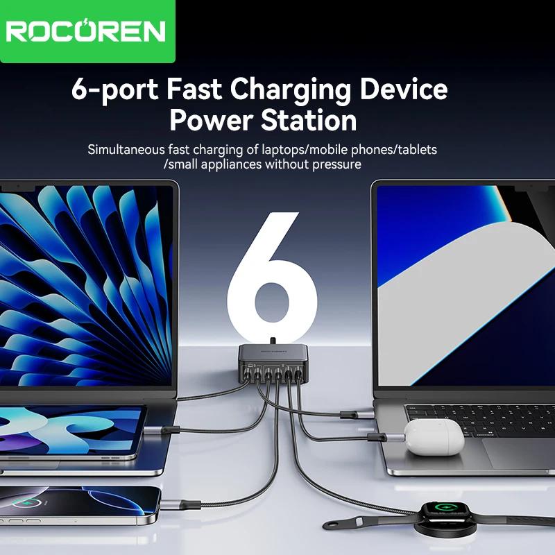 Top view of Rocoren 200W GaN charger with USB-C and USB-A ports