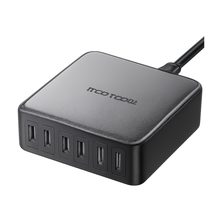 Front view of Rocoren 200W GaN 6-in-1 USB-C fast charging power station