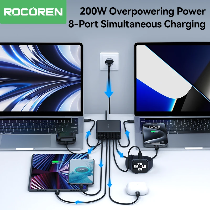 Close up of Rocoren 200W multiport USB-C charger showing ports
