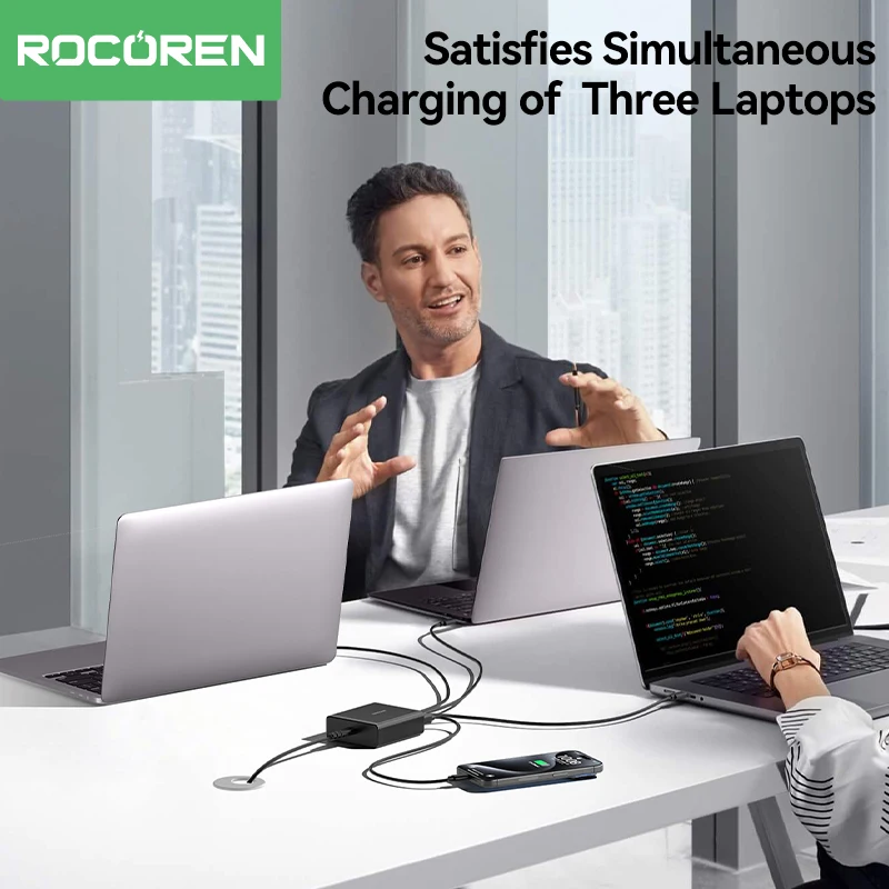 Side view of Rocoren 200W 8-port USB-C fast charging station