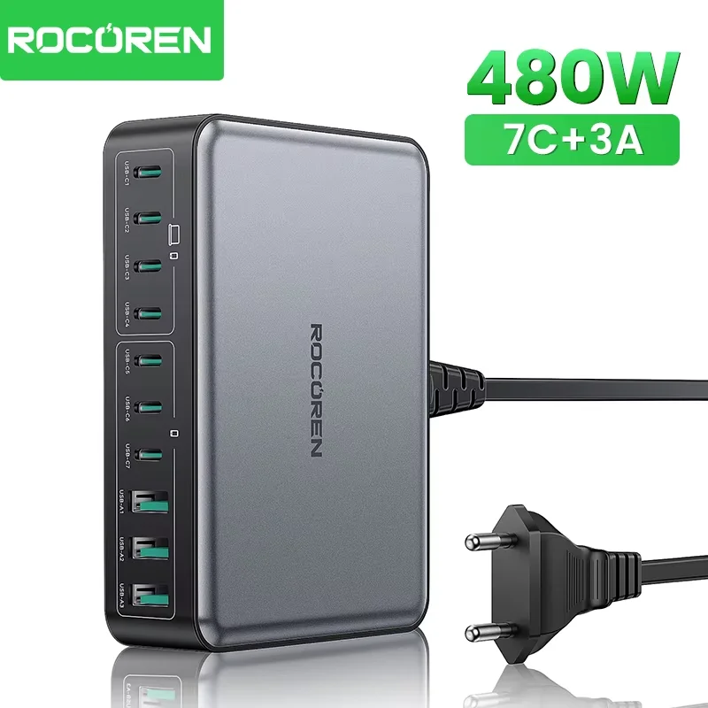 Front view of Rocoren 10-port USB C fast charger station