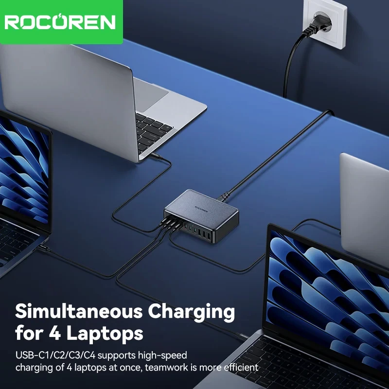 Close-up of USB-A and USB-C ports on Rocoren 480W charger