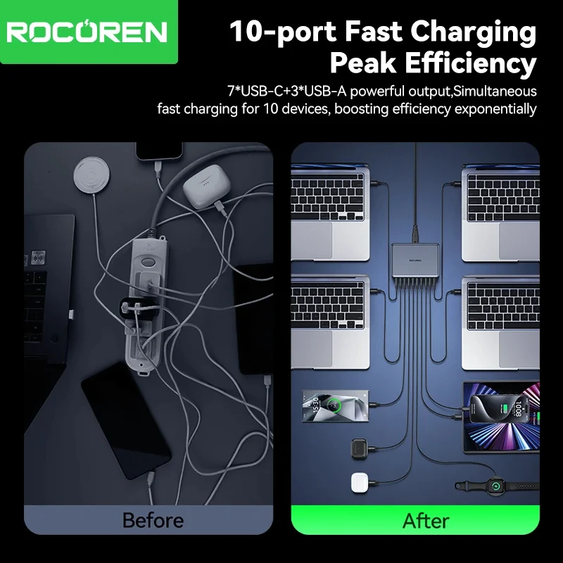 Rocoren desktop charging station showing multiple device connections