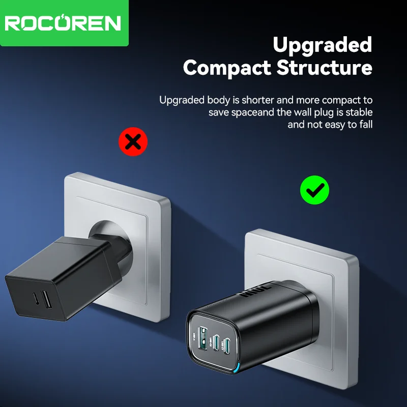 Side view of Rocoren 70W GaN USB-C fast charging adapter