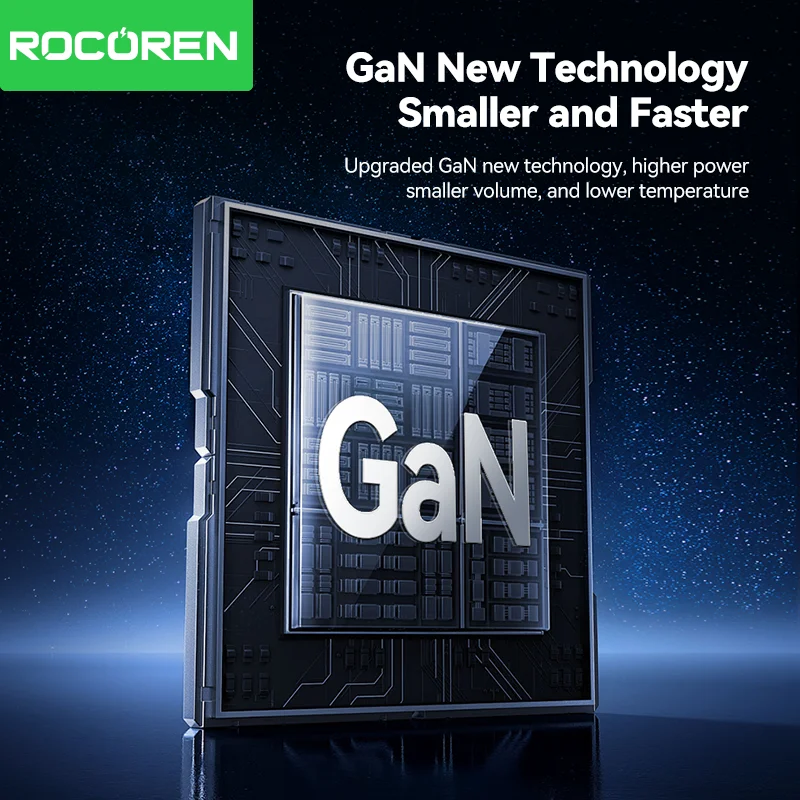 Portable Rocoren 70W GaN USB-C fast charger suitable for phones and laptops