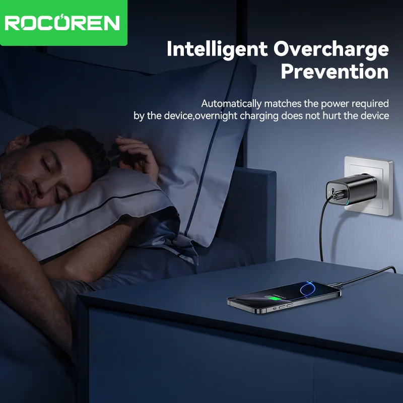 Angled view of Rocoren 70W GaN charger highlighting USB-C and USB-A ports