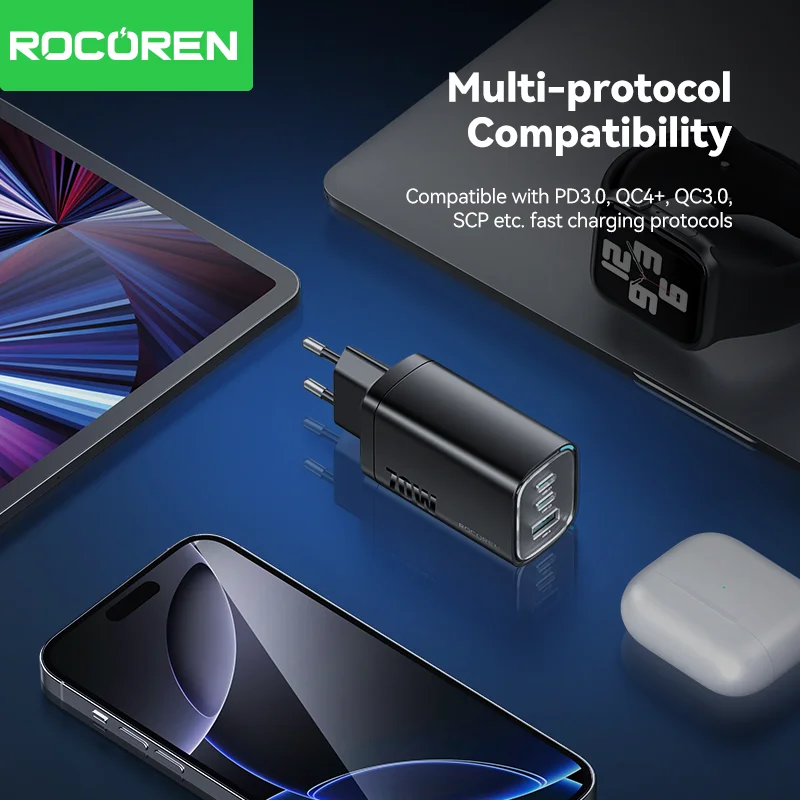 Rocoren 70W GaN charger delivering fast charging to multiple device types