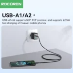 Rocoren GaN charger showing USB-C and USB-A ports