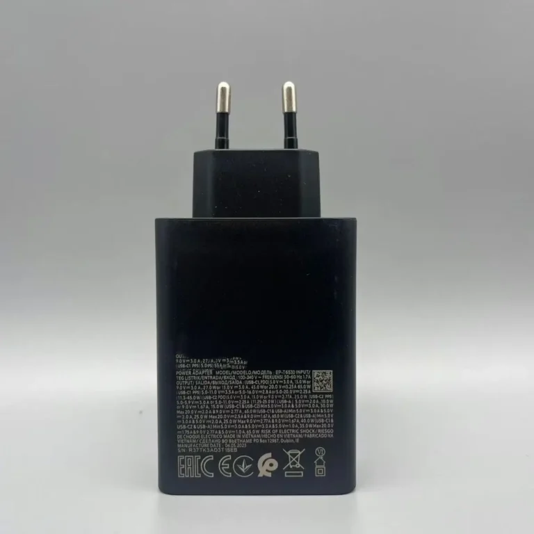 Samsung 65W USB-C fast charger showcasing USB-C and USB-A ports