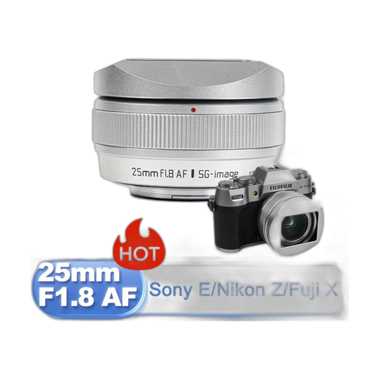 SG Image 25mm F1.8 APS-C autofocus camera lens with hood front view