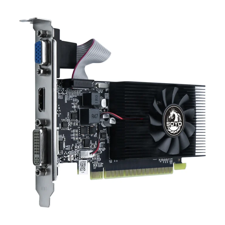 Side angle of SOYO NVIDIA GT740 4GB graphics card with single fan