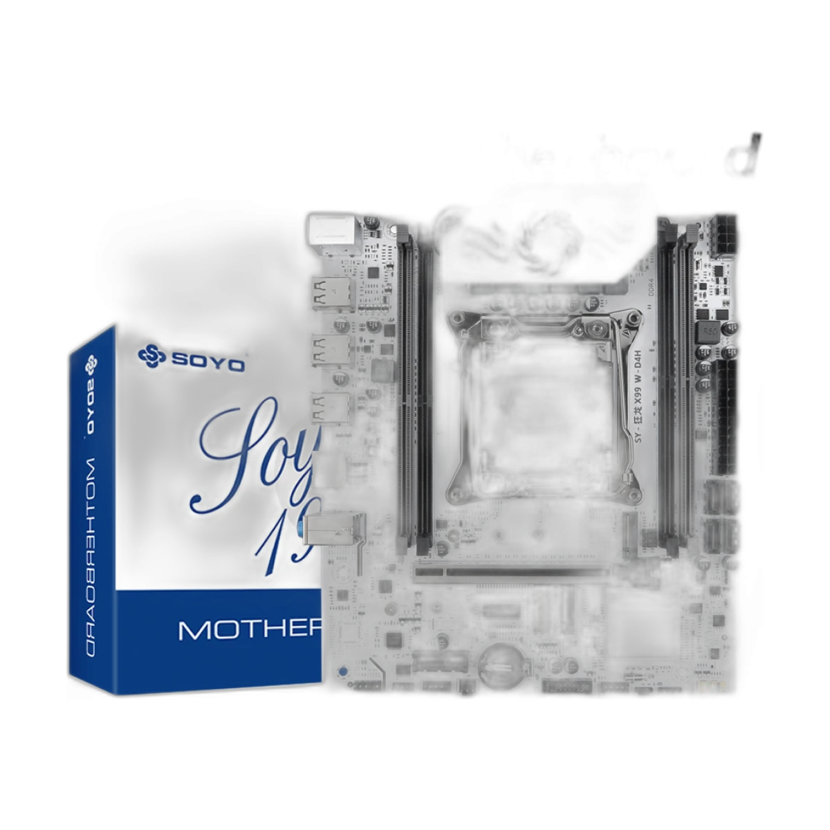 SOYO World Premiere X99 Gaming Motherboard SupSports Xeon E5 Series CPU Dual Channel DDR4 M.2 NVME PCIE3.0 SATA for Desktop Host-bg-clean SOYO X99 Gaming Motherboard front view with CPU socket and DIMM slots