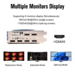 Close-up of SRhonyra RX580 graphics card HDMI ports and cooling fan