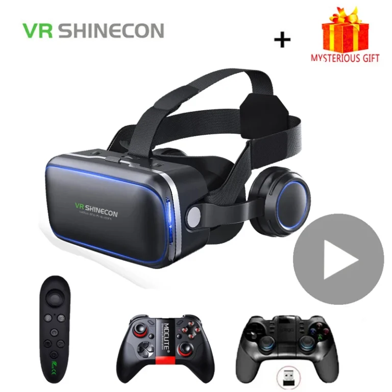 Shinecon 6.0 VR headset front view with lenses and black PU leather faceplate