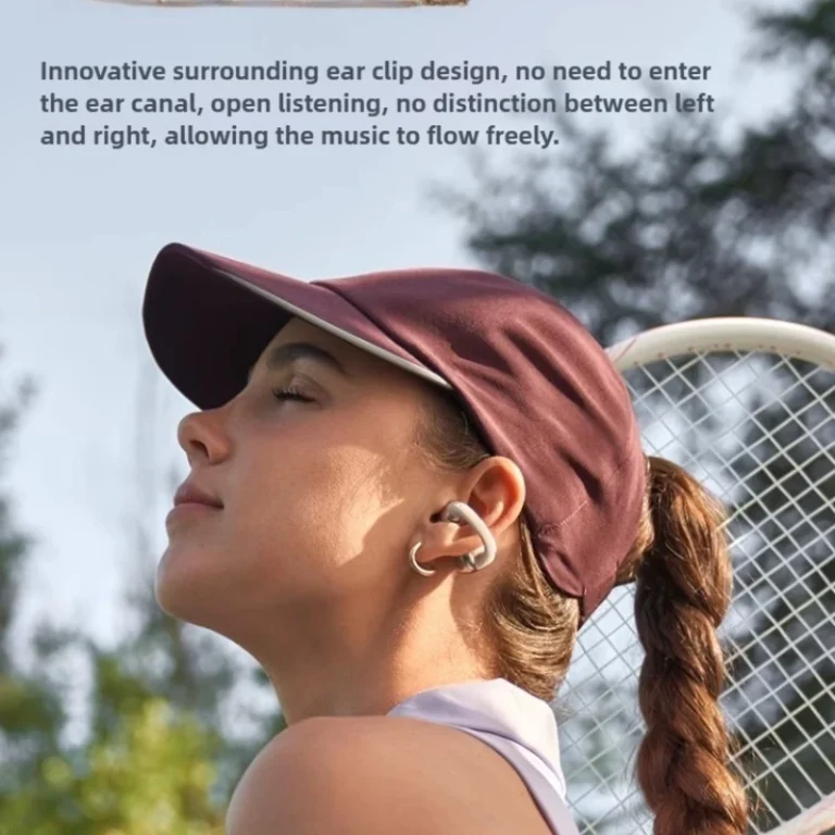 Side angle of Shokz OpenDots ONE E310 wireless earphones with ear clip