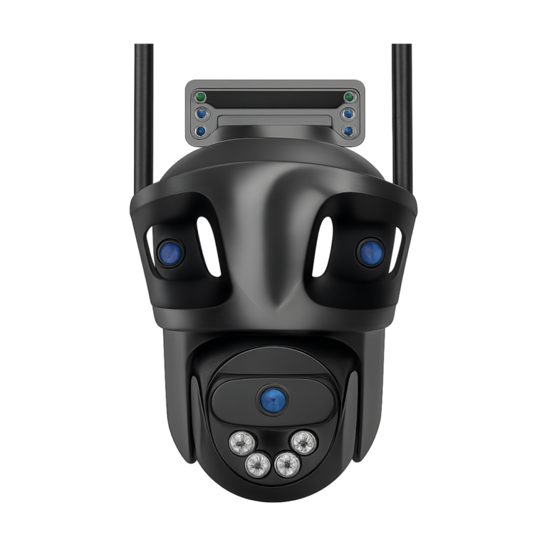 Three lens 4K outdoor WiFi IP camera with AI human detection and IP66 waterproof housing