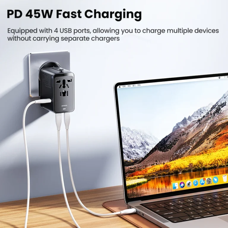 Side view of Toocki 45W travel adapter showing USB and AC outlets