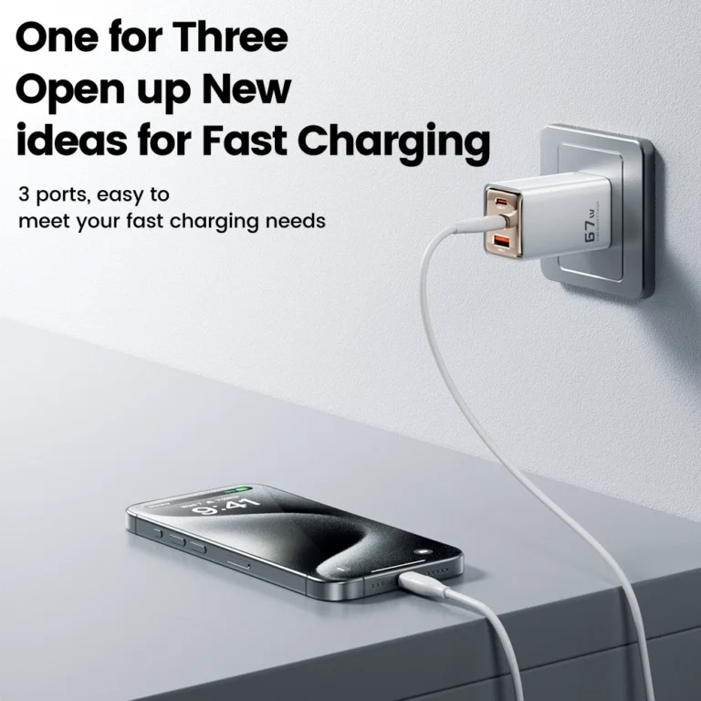 Side angle of Toocki 67W GaN USB-C charger showing USB-A and USB-C ports