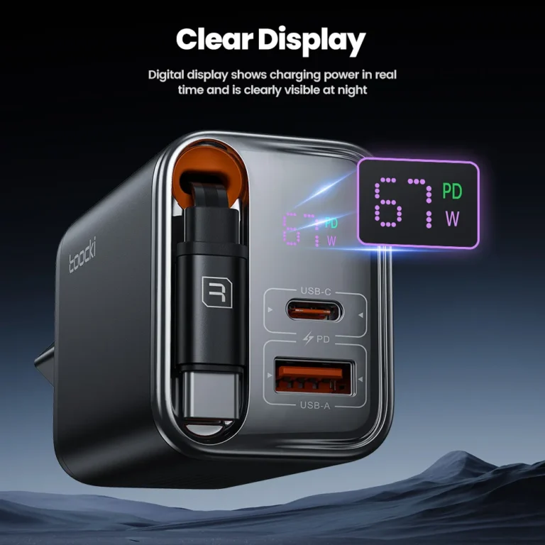 Side view showing USB-A and USB-C ports on Toocki 67W GaN USB charger