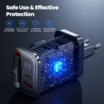 Toocki 67W GaN USB charger plugged into power outlet with charging display active