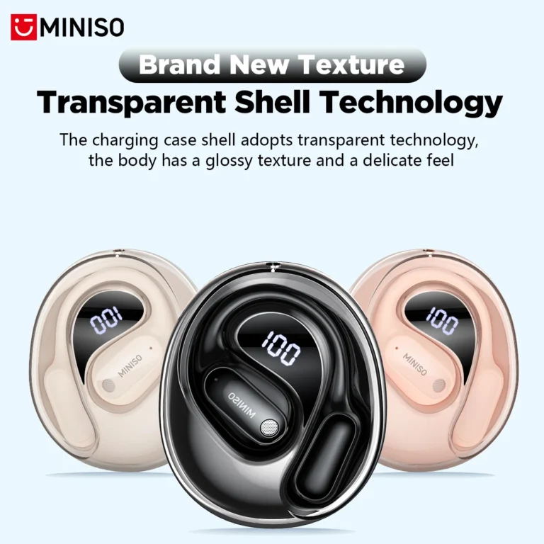 MINISO MS190 wireless earbuds with charging case and carrying bag