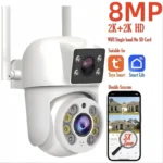Close-up of Tuya 8MP dual lens security camera with night vision LEDs