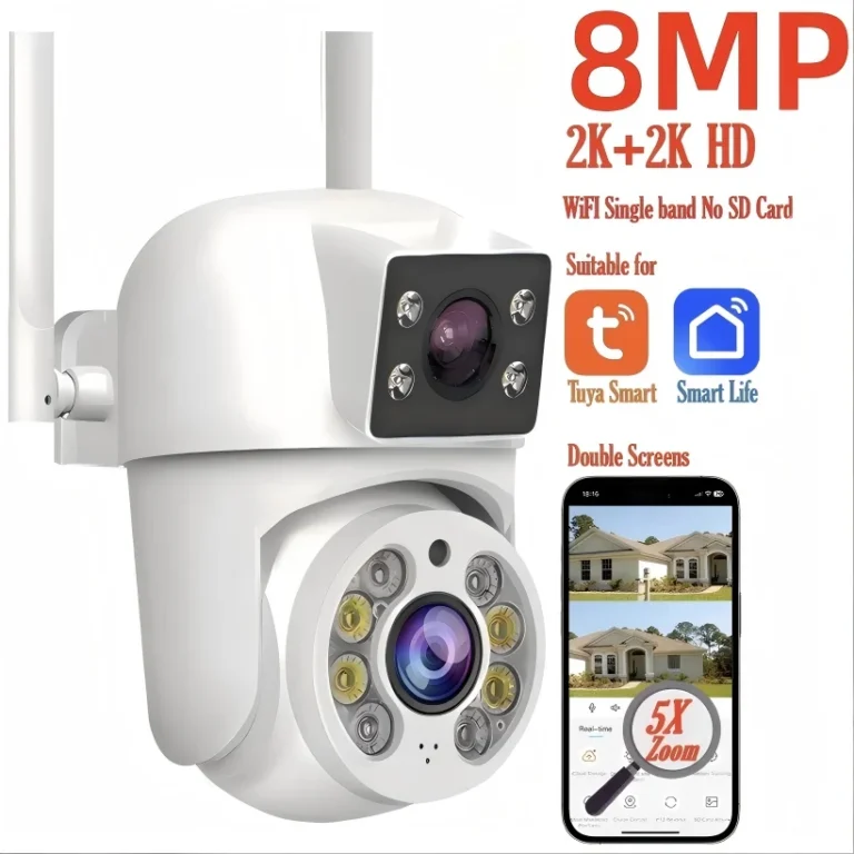 Close-up of Tuya 8MP dual lens security camera with night vision LEDs