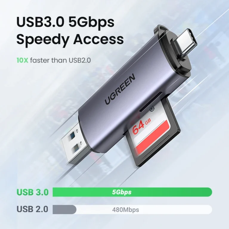 UGREEN dual card slots USB3.0 and USB-C memory card reader close-up